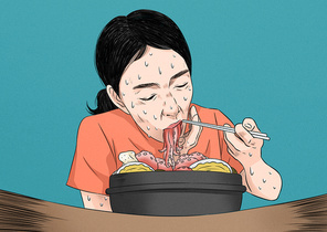 한국전통 여름철 보양식 해신탕 땀흘리면서 먹고 있는 여자 1명 이미지 일러스트