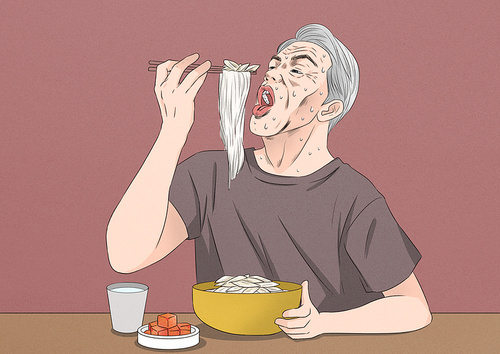 한국전통 여름철 보양식 땀흘리면서 초계국수 먹고 있는 남자 1명 이미지 일러스트