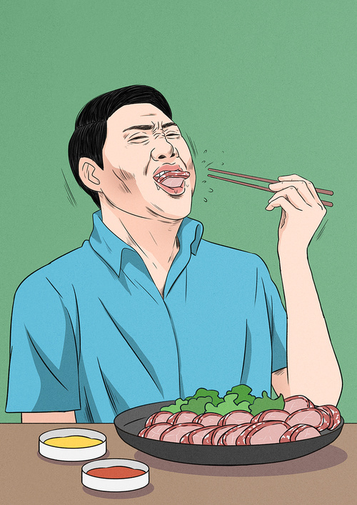 한국전통 여름철 보양식 오리고기 먹고 있는 남자 1명 이미지 일러스트