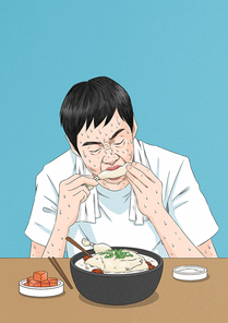 한국전통 여름철 보양식 삼계탕을 땀흘리면서 먹고 있는 남자 1명 이미지 일러스트