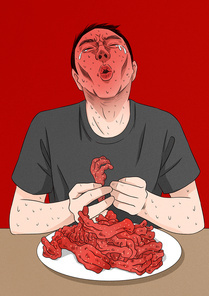 한국전통 여름철 불닭발을 땀흘리면서 먹고 있는 남자 1명 이미지 일러스트
