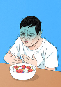 한국전통 여름철 수박화채 먹고 있는 남자 1명 이미지 일러스트