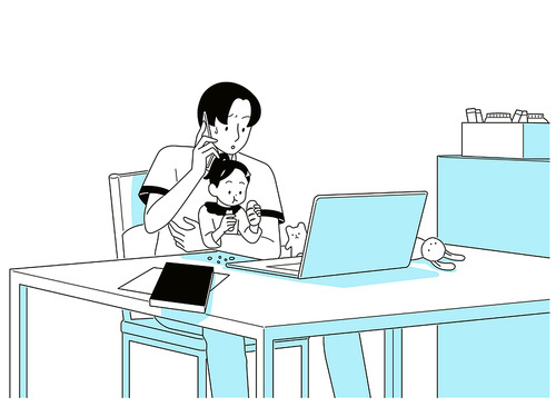 책상에서 재택근무하고 육아를 동시에 하고 있는 실내 풍경 벡터 이미지