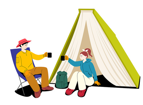 남자와 여자 캠핑 그리고 등산 건배하는 벡터 이미지 시리즈