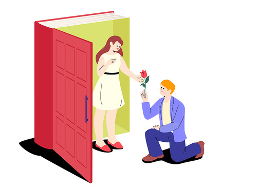 로맨스 도서 테마 커플에게 장미꽃 프로포즈 하는 벡터 이미지 시리즈