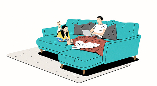 집안에서 편안하게 휴식을 즐기고 있는 부부와 반려동물 이미지 일러스트