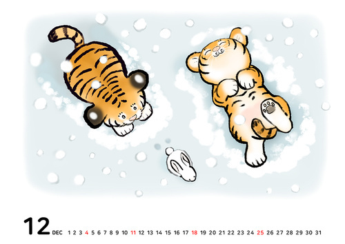 눈 오는 겨울철 눈밭에서 장난 하는 아기 호랑이 두마리 이미지 일러스트