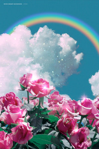 핑크 장미와 민트 하늘