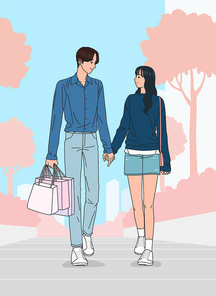 남자 여자 연인두명이 공원 산책로를 걷고 있는 벡터 이미지 일러스트