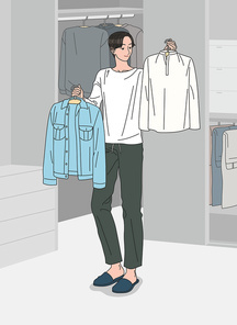 젊은 남성이 외출에 입고갈 옷을 고르는 모습 벡터 이미지 일러스트