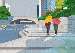 도심속 개천 비 우산속의 사람들이 있는 풍경 이미지 일러스트