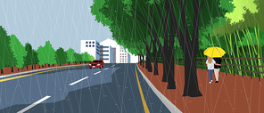 비가오는 도로 옆 가로수길 우산쓴 커플이 지나가고 있는 풍경 이미지 일러스트
