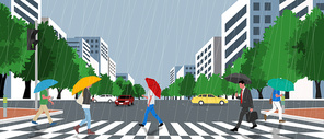 비오는 도심 거리에 사람들이 우산쓰고 횡단보도 건너는 장면 이미지 일러스트