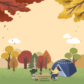 가을 숲속에 캠핑간 두 여성이 차를 마시며 즐겁게 이야기 하고 있는 이미지 일러스트