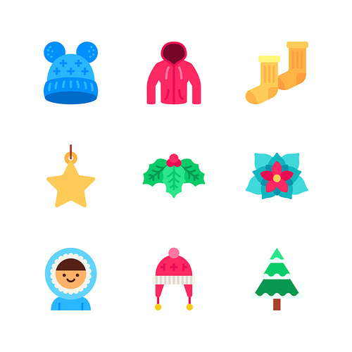 크리스마스와 겨울 의상 및 선물 오브젝트 벡터 이미지 아이콘