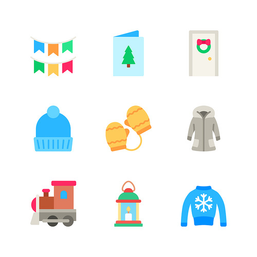 크리스마스와 겨울 의상 및 선물 오브젝트 벡터 이미지 아이콘