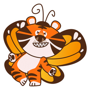 나비 날개달고 웃고 있는 호랑이 캐릭터 이모티콘 이미지 일러스트