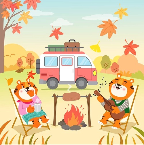 의인화된 호랑이 캐릭터들이 가을에 캠핑을 즐기고 있는 벡터 이미지 일러스트