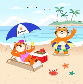 의인화된 호랑이 캐릭터들이 해변에서 휴가 즐기고 있는 벡터 이미지 일러스트