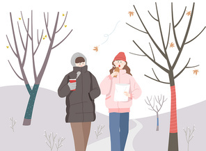 겨울 공원산책로에서 커피와 붕어빵을 먹으며 걷고있는 사람들 벡터 이미지 일러스트