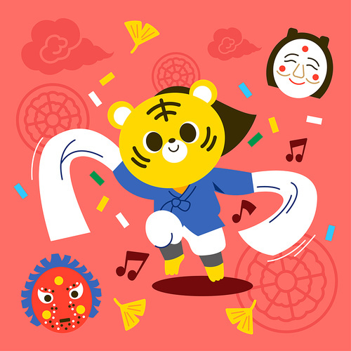 한국전통 놀이 탈춤추고 있는 호랑이 캐릭터