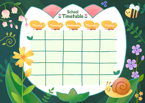 숲속 곤충 및 꽃 컨셉의 어린이 시간표 일러스트