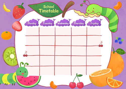 과일과 애벌레 컨셉의 어린이 시간표 일러스트