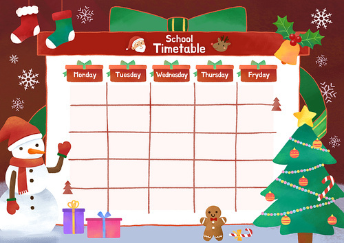 겨울 크리스마스 컨셉의 어린이 시간표 일러스트
