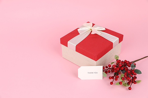 크리스마스 오브젝트_핑크색 배경 선물상자 호랑가시나무 열매 사진