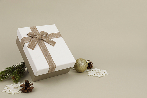 크리스마스 오브젝트_베이직색 배경 선물상자와 솔방울 눈결정 오브젝트 사진