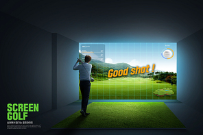 골프장 배경의 스크린 앞에서 골프를 치는 남성이 있는 그래픽