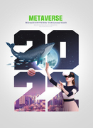 VR을 끼고 고래를 만지려 하는 여성이 있는 메타버스 이슈 포스터