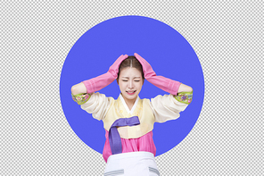 스트레스 받은 명절 며느리 컨셉, 한복에 앞치마와 고무장갑낀 여성 누끼 PNG