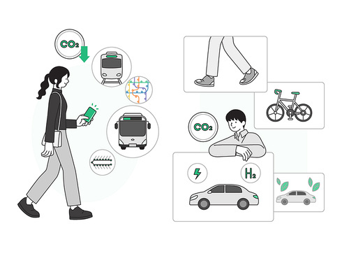 탄소중립_자차보다 대중교통 이용,자전거이용,걷기,수소 전기차 사용 벡터 일러스트