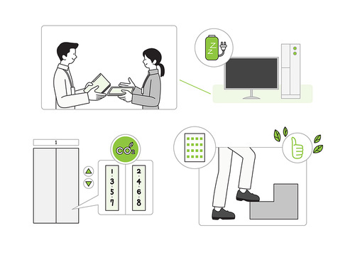 탄소중립_미팅시 컴퓨터 절전기능 사용,승강기 격층 운행. 승강기대신 계단 오르기 벡터 일러스트
