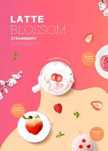 딸기로 가득한 케익과 음료가 있는 봄 디저트 포스터
