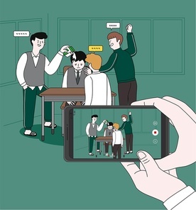 학교폭력_괴롭힘 당하는 장면을 영상으로 찍는 벡터 일러스트