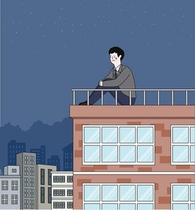 학교폭력_건물옥상에서 우울해 하는 학생 벡터 일러스트