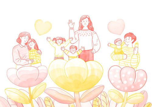 가족_꽃위에 한부모 가족들 일러스트 이미지