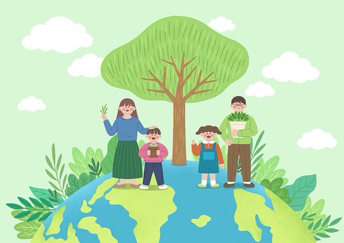 환경과가족_지구와 나무와 가족 일러스트