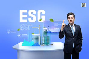 건물과 그래프 홀로그램을 안내하는 중년남성이 있는 ESG 포스터