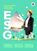 친환경 에너지 오브제와 안전모를 쓴 여성이 있는 ESG 포스터