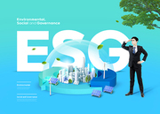 건물을 둘러싼 친환경 에너지 오브젝트가 있는 ESG 포스터