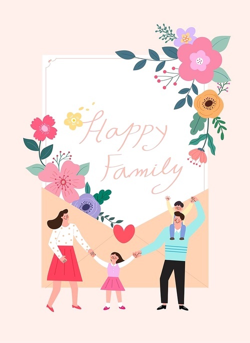 봄꽃과 4인가족이 있는 가정의달 카드 프레임