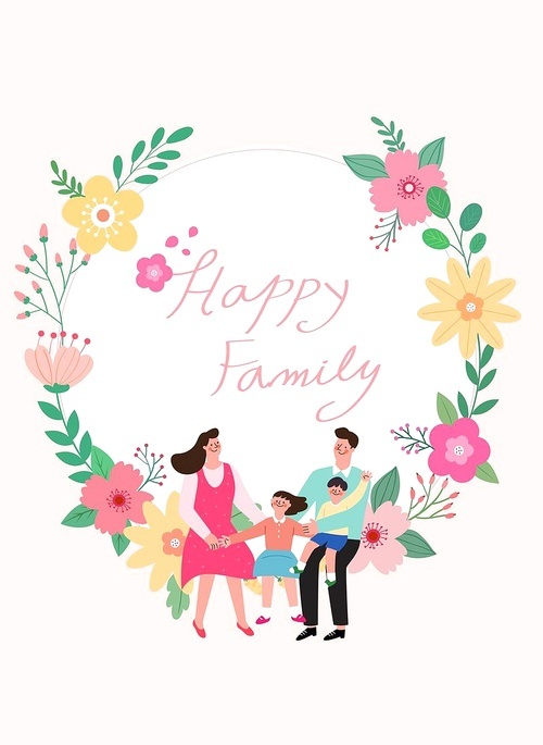 봄꽃에 4인가족이 앉아있는가정의달 카드 프레임