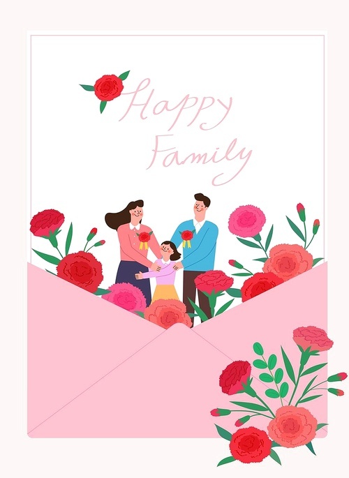봄꽃이 있는 카드 속 3인 가족이 있는 가정의달 카드 프레임