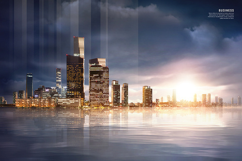 비즈니스건물_저녁노을 항구도시 고층빌딩 그래픽 합성 이미지