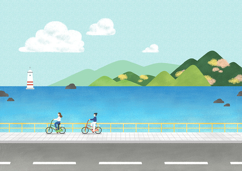 풍경_해안 자전거 도로에서 자전거타는 친구들 일러스트