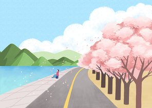 풍경_벚꽃나무 있는 해안가 도로 옆에서 쉬고 있는 남자 일러스트