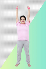 과체중 다이어트 컨셉의 아령운동 하는 여성 모델 전신 PNG 누끼